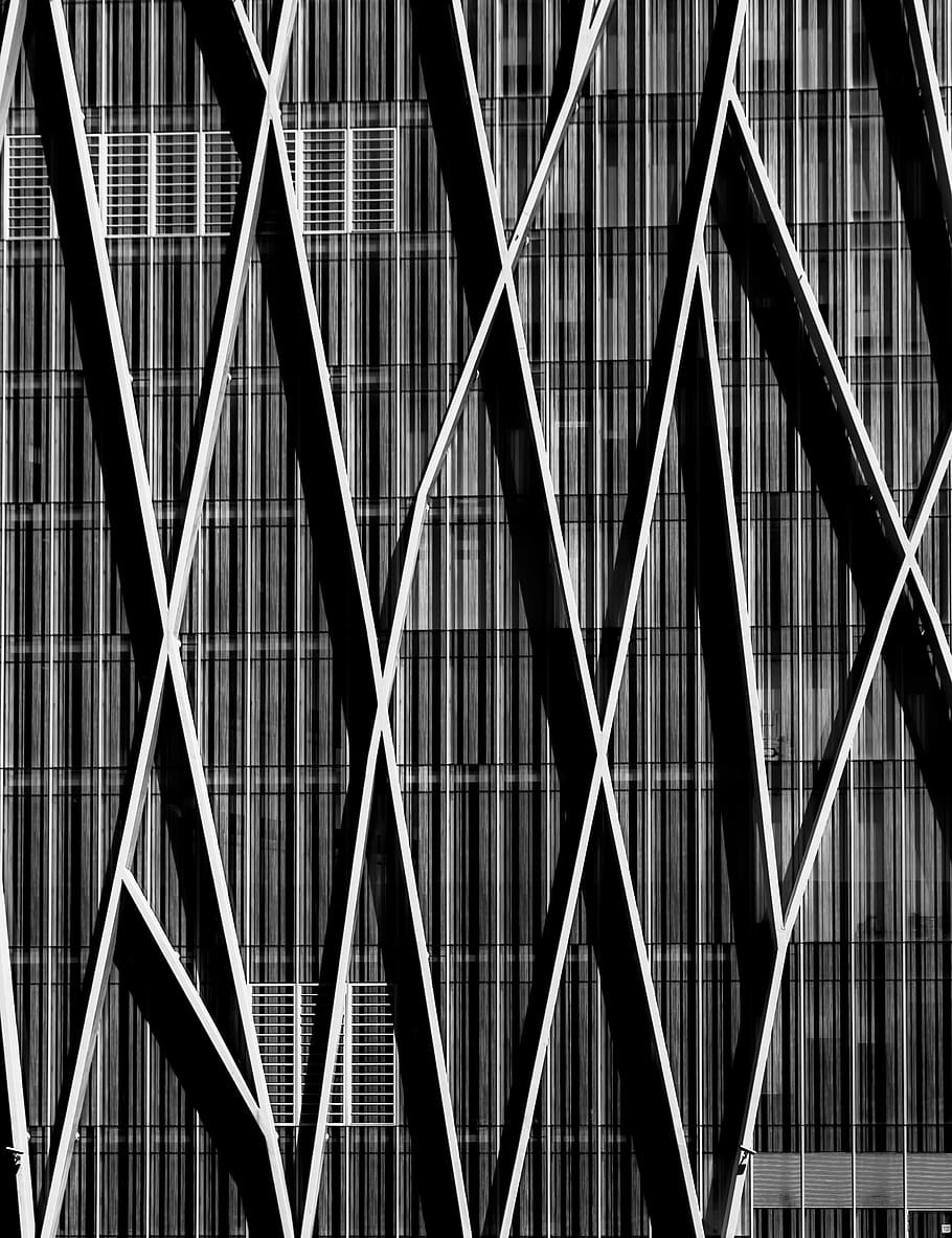 arquitectura, edifici, infraestructura, disseny, blanc i negre, estructura construïda, patró, marc complet, exterior de l'edifici, cap gent, fons, vista d’angle baix, metall, dia, modern, connexió, a l'aire lliure, ciutat, pont, forma, primer pla, pont - estructura feta per l'home, 2K
