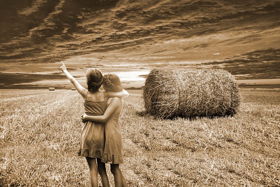 núvols, cel, vista, naturalesa, camp, blat de moro, els raigs, núvol, coberta de núvols, núvol de pluja, núvols foscos, núvols de cel, noies, fosc, aura, cintes, bales de palla, palla, agricultura, camps, el cultiu de, kłos, conreu, terra, una persona, de peu, planta, activitat d'oci, estils de vida, persones reals, dones, bellesa a la natura, roba casual, fenc, medi ambient, bala, paisatge, herba, a l'aire lliure, llibertat, braç humà, pentinat, 5K