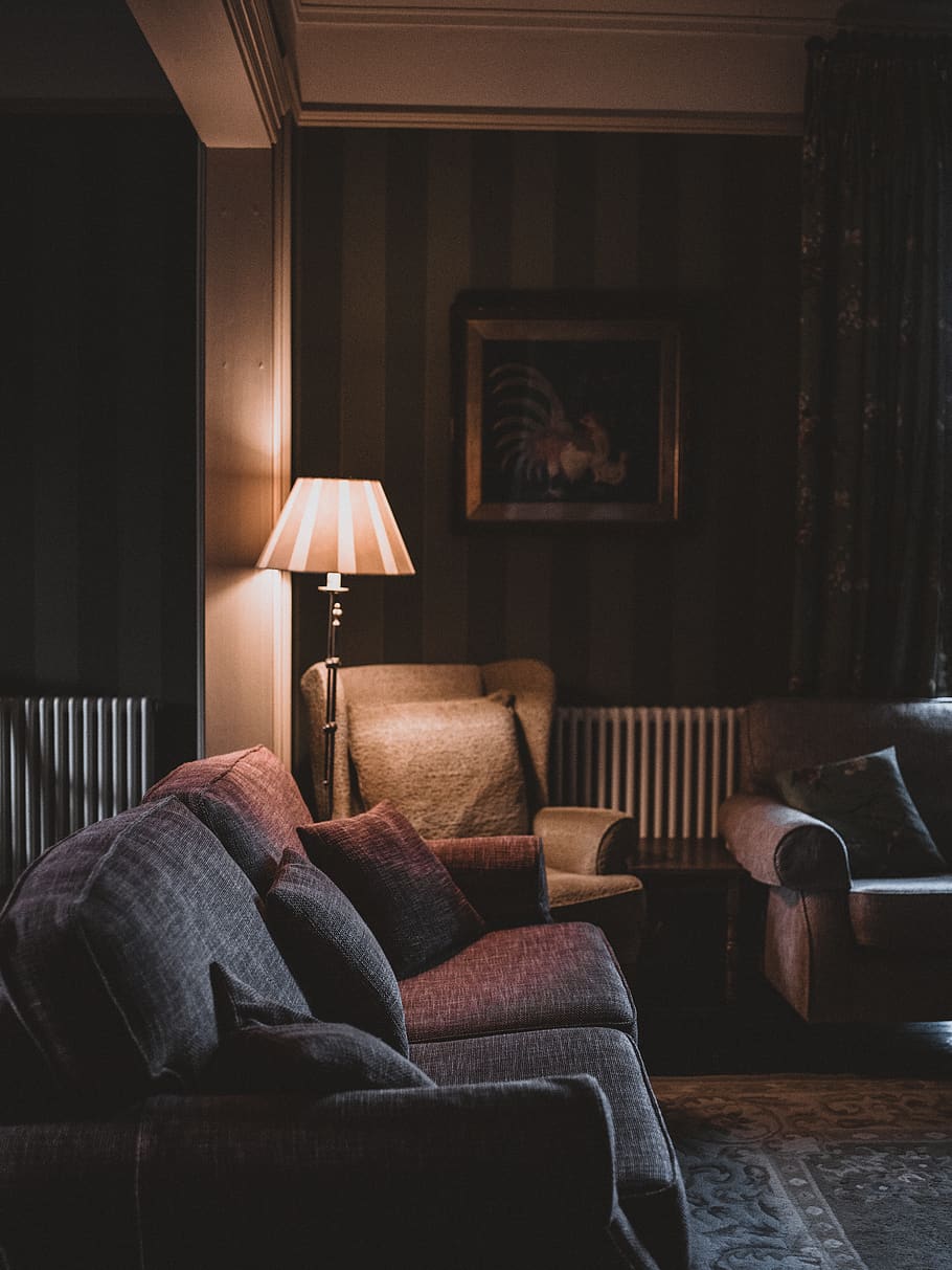tom, grå, stofsofaer, vendt, gulv lampe, møbel, indendørs, stue, sofa, hjemlige værelse, stol, belysningsudstyr, elektrisk lampe, sæde, hjem interiør, belyst, ingen mennesker, komfortabel, fravær, home showcase interiør, pude, bord, lænestol, hus, hjem, hyggelig, luksus, kaffebord, 8K