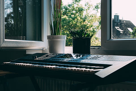noir, électronique, clavier, la fenêtre, Contexte, contemporain, lumière du jour, articles en verre, à l'intérieur, instrument, moderne, les plantes, des pots, pièce, La technologie, rebord de fenêtre, sans fil, journée, table, personne, instrument de musique, équipement musical, plante, verre - matériel, la musique, lumière du soleil, ordinateur, transparent, la nature, piano, intérieur de la maison, meubles, instrument à clavier, lampe électrique, 5K, CC0, domaine public, libre de droits