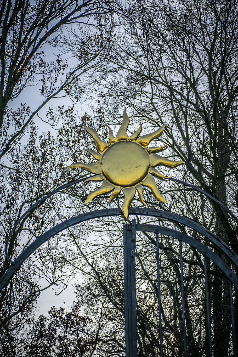 cancello, sole, architettura, alberi, storico, albero, Inquadratura dal basso, pianta, ramo, nessuno, albero nudo, natura, giallo, giorno, cielo, all'aperto, lampione, attrezzatura per l'illuminazione, struttura costruita, metallo, strada, modello, design, polo, 5K