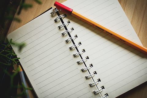 still, items, things, notebook, journal, pages, lines, pen, table, bokeh, paper, note pad, spiral notebook, book, page, publication, indoors, high angle view, spiral, no people, close-up, still life, education, two objects, pencil, focus on foreground, open, blank, 4K, CC0, public domain, royalty free