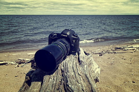 sort, Canon DSLR kamera, havkyst, strand, kamera, kanon, skyer, dagslys, drivtømmer, landskab, linse, natur, ocean, sand, hav, marinemaleri, kysten, kyst, himmel, vand, bølger, jord, fotografering temaer, kamera - fotografisk udstyr, teknologi, fotografisk udstyr, horisont, horisont over vand, skønhed i naturen, dag, digitalt kamera, ingen mennesker, digitalt enkeltlinsrefleks kamera, udendørs, SLR kamera, 5K, CC0, offentligt domæne, royaltyfrie