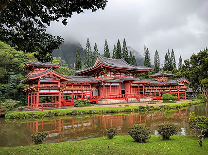 temple, edifici, vermell, arbre, planta, estructura construïda, arquitectura, exterior de l'edifici, naturalesa, aigua, llac, cel, creença, religió, dia, cap gent, creixement, lloc de culte, núvol - cel, bellesa a la natura, a l'aire lliure, santuari, 4K, CC0, domini públic, lliure de regalies