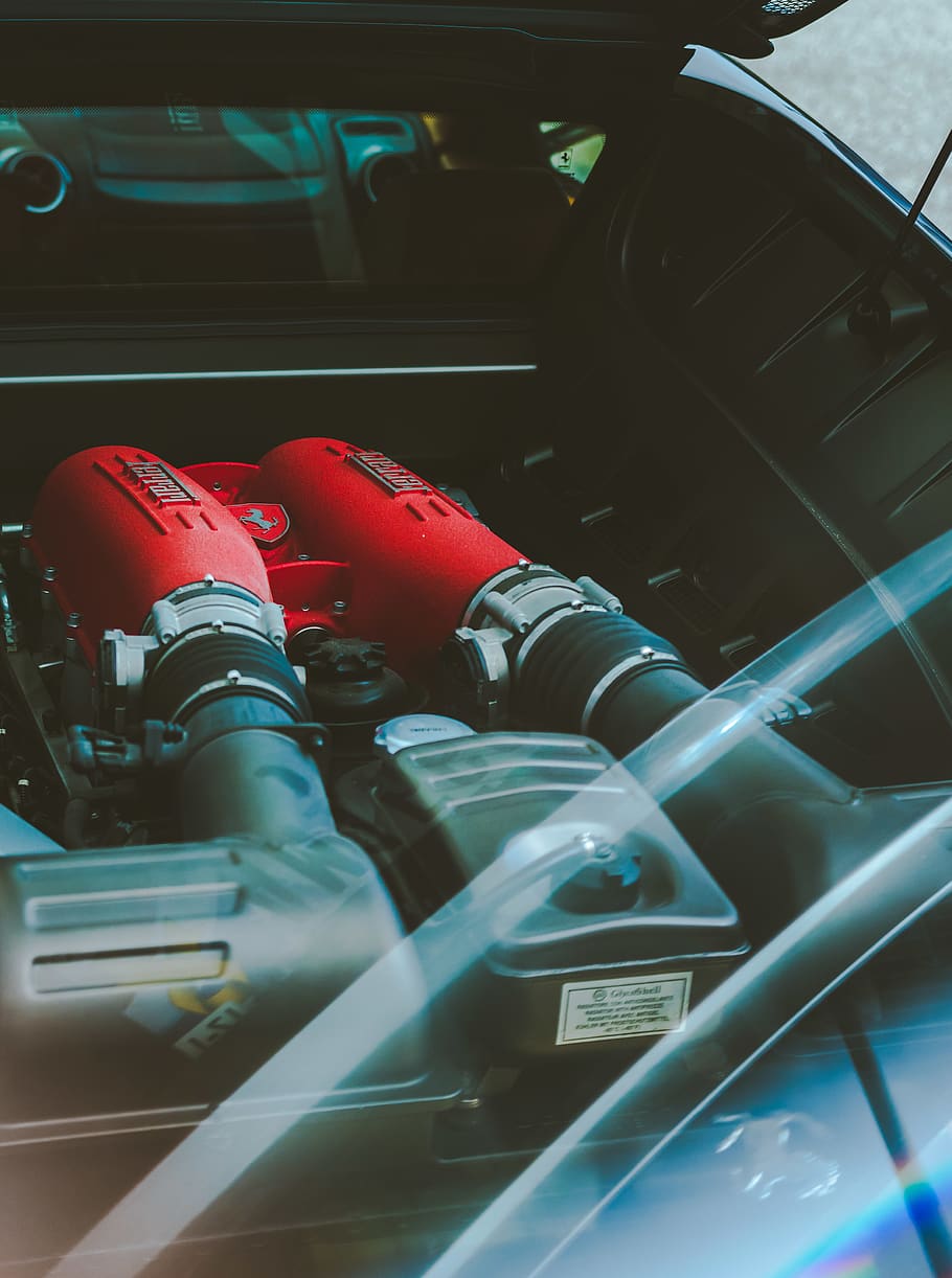 motor, cotxe, automòbil, màquina, vermell, ferrari, cotxe ràpid, cotxe de carreres, f430, italià, cotxes, cotxe italià, supercarro, ràpid, Itàlia, vehicle, transport, Overwatch, halo, manera de transport, vehicle terrestre, cap gent, a l'interior, primer pla, interior del vehicle, interior del cotxe, dia, volant, panell de control, panell, tecnologia, vidre - material, vista d’angle alt, protecció, enfocament selectiu, 4K