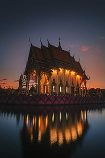 building with lights, architecture, building, illuminated, reflection, temple, thailand, built structure, water, building exterior, sky, lake, waterfront, nature, belief, night, no people, religion, dusk, sunset, place of worship, outdoors, 5K, CC0, public domain, royalty free