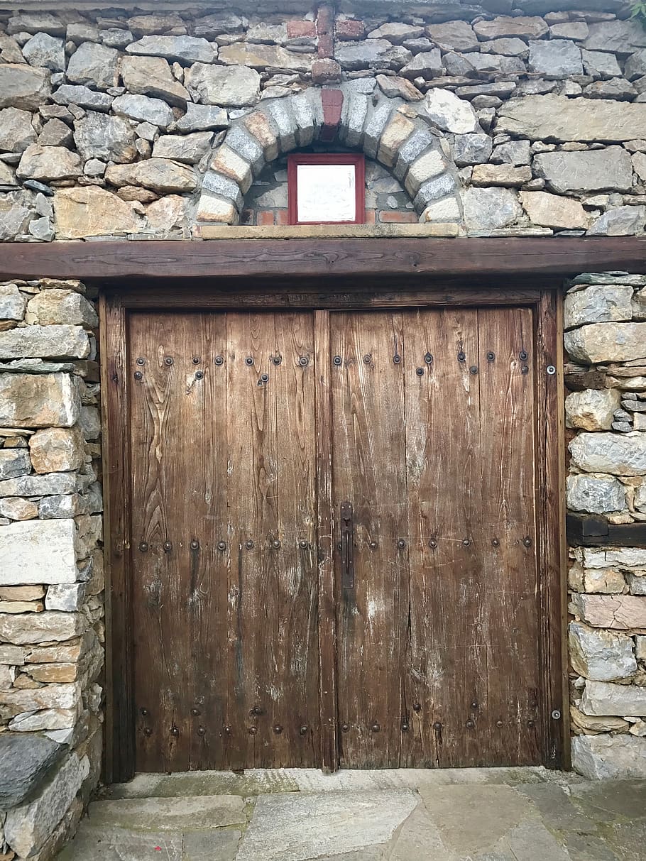 Griekenland, mount athos, hout - materiaal, architectuur, Ingang, deur-, ingebouwde structuur, Gesloten, geen mensen, dag, buitenkant van het gebouw, muur - bouwfunctie, muur, stenen muur, oud, gebouw, huis, veiligheid, buitenshuis, verweerde, deuropening, steen, 4K