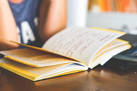 lectura de nena, quadern, llibre, aprenentatge, notes, lectura, escola, estudiant, universitat, treball, publicació, educació, una persona, activitat, a l'interior, taula, estudiar, primer pla, obert, centrar-se en primer pla, assegut, mobles, escriptori, enfocament selectiu, celebració, llibre de text, 5K