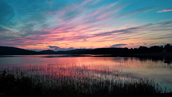 photography of sunset, clouds, dawn, dramatic sky, evening, evening sky, idyllic, landscape, marsh, nature, reeds, reflection, scenic, sky, summer, sun, sunset, trees, water, beauty in nature, tranquil scene, scenics - nature, tranquility, lake, cloud - sky, plant, non-urban scene, no people, silhouette, mountain, orange color, dusk, romantic sky, 5K, CC0, public domain, royalty free