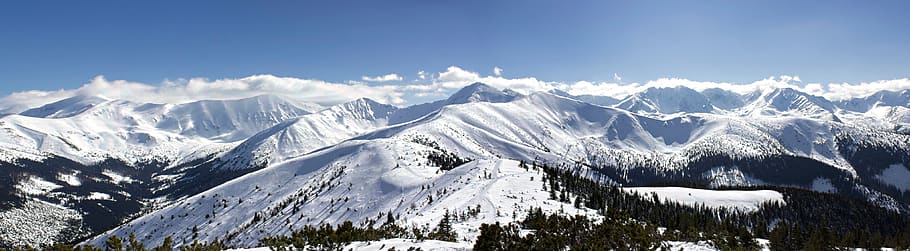 neu, panorama, hivern, panoràmica, muntanya, gel, naturalesa, paisatge, cel, turó, viatjar, alt, tatry, muntanyes, vista, aventura, temperatura de fred, escenics - natura, bellesa a la natura, medi ambient, muntanya nevada, Serra, arbre, blau, escena tranquil·la, tranquil·litat, cap gent, bosc, pi, a l'aire lliure, arbre de coníferes, cim de muntanya, bosc de pi, a dalt, 4K