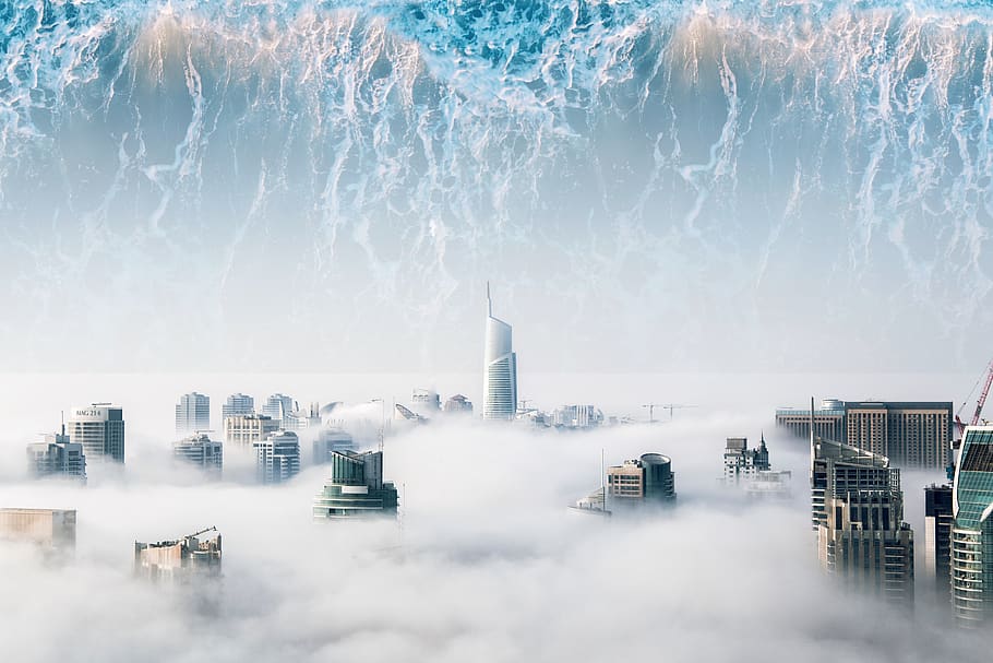 utopia, onades, una ciutat amb núvols, núvols, edificis, aigua, terra mítica, degradat, naturalesa, calma, calmant, impressionant, un somni, oceà, mar, blau, blanc, fred, guai, exterior de l'edifici, arquitectura, estructura construïda, ciutat, cel, viatjar, destinacions de viatge, turisme, torre, edifici, alta - alta, gratacels, exterior d’edifici d’oficines, paisatge urbà, dia, cap gent, fum - estructura física, a l'aire lliure, Pol · lució, compost digital, contaminació de l'aire, 5K