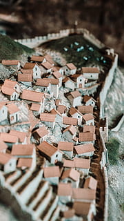 Tilt Shift Fotografie, Miniatur, Haus, winzig, klein, Mini, Stadt, Dorf, Spielzeug, Hügel, Dach, Hang, Gebäude, dicht, Kulturen, die Architektur, alt, keine Leute, draußen, Europa, berühmter Platz, Reise, Geschichte, Stadt, Dorf, 4K, CC0, gemeinfrei, lizenzfrei