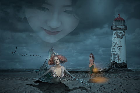 fantasia, Magia, surreale, Gotico, sognare, mistico, sirena, faro, cordoncino, cielo, acqua, natura, struttura costruita, nuvola - cielo, rappresentazione umana, architettura, composito digitale, mare, crepuscolo, rappresentazione, donne, esterno dell'edificio, costruzione, persone, mistero, terra, persone reali, all'aperto, 2K, CC0, dominio pubblico, privo di copyright