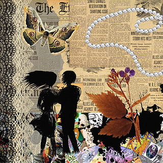 collage, assemblea, coppia, composizione, vecchio giornale, giornali, farfalla, scrapbooking, l'applicazione, erbario, bianca, però, innamorati, romanzo, relazione, corona, cuore, astratto, manifesto, copertina, pop Art, pizzo, installazione, retrò, arte e artigianato, uomini, due persone, rappresentazione, persone, architettura, rappresentazione umana, donne, testo, infanzia, adulto, solidarieta, creatività, in casa, attività commerciale, caratteristica della parete, somiglianza femminile, prole, comunicazione, murale, 2K, CC0, dominio pubblico, privo di copyright