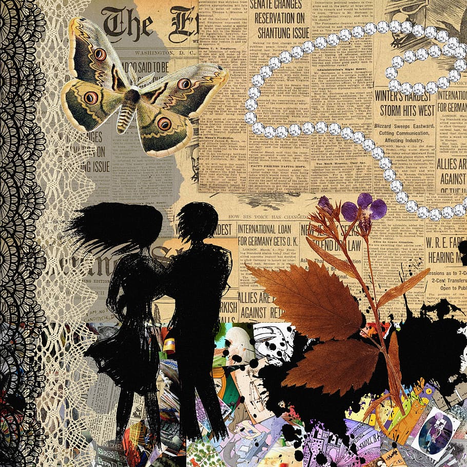 collage, assemblage, parella, composició, vell diari, diaris, papallona, scrapbooking, la aplicació, herbari, blanc, malgrat això, amants, novel·la, relació, chaplet, cor, resum, pòster, coberta, art pop, puntes, instal·lació, retro, art i artesania, homes, dues persones, representació, gent, arquitectura, representació humana, dones, text, infància, adult, unió, creativitat, a l'interior, negocis, funció de construcció de parets, semblança femenina, descendència, comunicació, mural, 2K