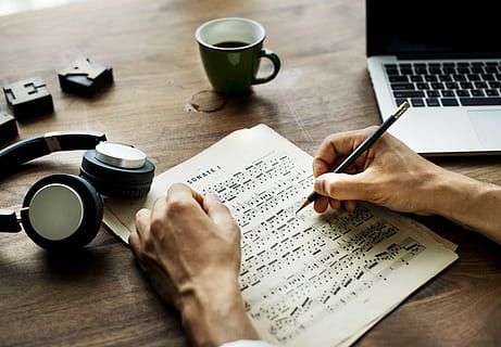 person, holding, pen, leaning, table, background, coffee, compose, composition, cup, desk, device, earphones, electronics, furniture, gadgets, hands, headphones, indoors, keyboard, laptop, music, musician, notes, passion, pencil, screen, sheet, songwriter, technology, wireless, wood, wooden table, work, work from home, working, workspace, writing, human hand, hand, communication, drink, refreshment, human body part, mug, coffee - drink, text, one person, coffee cup, food and drink, paper, wireless technology, using laptop, finger, tea cup, 4K, CC0, public domain, royalty free