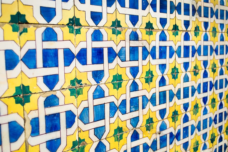 modelo, flor, azul, amarillo, mosaico, antiguo, vendimia, Art º, hecho a mano, fotograma completo, antecedentes, nadie, estructura construida, arquitectura, de cerca, día, exterior del edificio, lado a lado, azulejo, comunicación, pared - característica de la construcción, al aire libre, diseño, texto, repetición, 4K