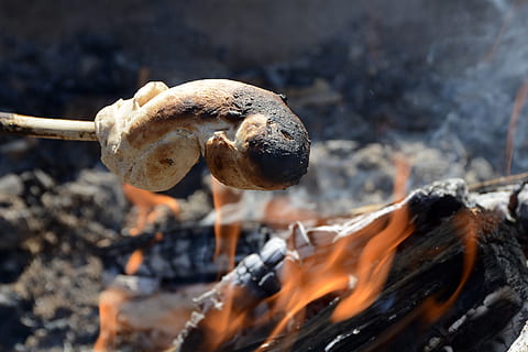 snak brood, brood, brand, voedsel, vers, deeg, grillen, voeding, eten, haard, brandend, detailopname, vlam, vuur - natuurverschijnsel, warmte - temperatuur, geen mensen, natuur, eten en drinken, dag, focus op de voorgrond, paddestoel, buitenshuis, voorbereiding, barbecue, versheid, land-, hout - materiaal, voedsel bereiden, vreugdevuur, 5K, CC0, publiek domein, royaltyvrij