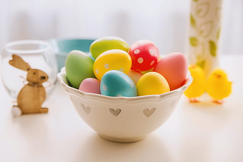 happy, easter!, bowl, full, easter, eggs., food, multi colored, food and drink, egg, no people, easter egg, still life, holiday, celebration, focus on foreground, indoors, large group of objects, group of objects, selective focus, choice, studio shot, springtime, 5K, CC0, public domain, royalty free