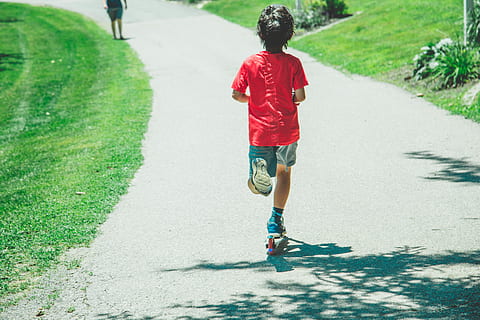 boy, riding, scooter, street, action, active, activity, child, daylight, enjoyment, fun, grass, kid, leisure, motion, outdoors, park, person, play time, playing, recreation, shadow, summer, young, rear view, full length, one person, real people, lifestyles, nature, day, leisure activity, childhood, road, plant, casual clothing, men, transportation, red, walking, footpath, shorts, 5K, CC0, public domain, royalty free