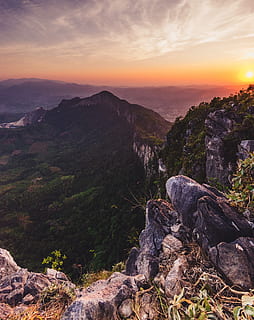 montanha, Highland, nuvem, céu, cimeira, cume, panorama, natureza, vale, rochas, Visão, por do sol, scenics - natureza, cena tranquila, beleza na natureza, tranquilidade, Rocha, rock - objeto, sólido, nuvem - céu, idílico, meio Ambiente, cena não urbana, cor laranja, árvore, ninguém, plantar, ao ar livre, 4K, CC0, domínio público, royalty free