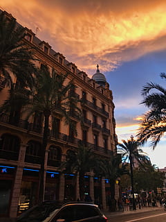 edificio in cemento marrone, architettura, costruzione, auto, nuvole, luce del giorno, centro, sera, ora d'oro, Hotel, colpo basso angolo, palme, cielo, strada, tramonto, cittadina, esterno dell'edificio, struttura costruita, albero, clima tropicale, città, Palma, modo di trasporto, mezzi di trasporto, veicolo a motore, natura, nuvola - cielo, pianta, destinazioni di viaggio, il passato, nessuno, 4K, CC0, dominio pubblico, privo di copyright