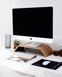 imac, keyboard, mouse, computer, speakers, desk, white, technology, digital, workspace, table, indoors, wireless technology, no people, connection, still life, portable information device, communication, laptop, furniture, screen, copy space, computer equipment, paper, publication, business, book, blank, 1080P, CC0, public domain, royalty free
