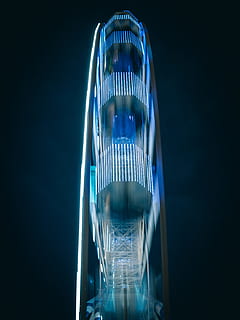 grigio, bianca, calcestruzzo, costruzione, luce, ruota panoramica, struttura, cielo, giro di divertimenti, Parco divertimenti, urbano, blu, notte, lunga esposizione, sfocatura, movimento, carnevale, Festival, giusto, architettura, design, rotazione, Filatura, attività commerciale, moderno, edificio per uffici, futuristico, struttura costruita, riflessione, vetro - materiale, astratto, scena urbana, Torre, finestra, industria di costruzioni, finanza, acciaio, esterno dell'edificio, ufficio, grattacielo, nessuno, spirale, paesaggio urbano, tecnologia, sfondi, città, 4K, CC0, dominio pubblico, privo di copyright