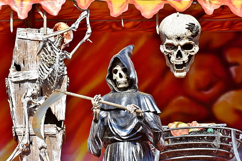 skeleton, bone, skull, head, ghost train, folk festival, oktoberfest, spring festival, shudder, halloween, skull and crossbones, fairground, ride, fair, figure, entertainment, year market, weird, horror train, grim reaper, human representation, human skeleton, no people, spooky, representation, fear, horror, celebration, architecture, the past, male likeness, history, close-up, 5K, CC0, public domain, royalty free