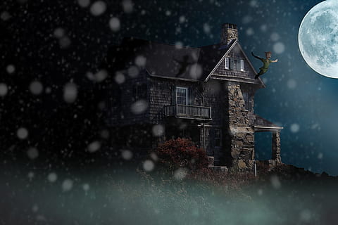 casa, noite, lua, neve, surreal, Trevas, fantasia, tarde, misterioso, névoa, iluminado, arquitetura, exterior do edifício, estrutura construída, construção, temperatura fria, natureza, inverno, ninguém, foco seletivo, plantar, céu, ao ar livre, Distrito residencial, terra, campo, nevando, 5K, CC0, domínio público, royalty free