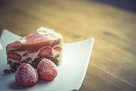strawberry, cheesecake, cake, slice, fruit, food, dessert, plate, restaurant, food and drink, freshness, sweet food, table, sweet, close-up, indoors, indulgence, still life, temptation, berry fruit, no people, ready-to-eat, healthy eating, wood - material, baked, snack, french food, 4K, CC0, public domain, royalty free