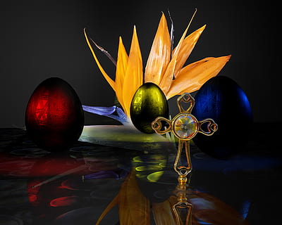 easter, easter egg, happy easter, easter eggs, color, colorful, egg, colorful eggs, spring, cross, easter theme, easter greeting, bright, osterkarte, freshness, fruit, no people, flower, healthy eating, still life, flowering plant, indoors, food, table, food and drink, nature, close-up, vulnerability, fragility, plant, wellbeing, reflection, vegetable, studio shot, black background, glass, 1080P, CC0, public domain, royalty free