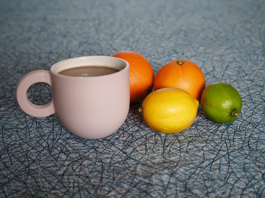kaffe, Citron, appelsiner, orange, kaffepause, Stilleben, bord, pink kop, mad og drikke, mad, sund kost, drikke, frugt, velvære, friskhed, citrus frugt, forfriskning, kop, indendørs, krus, tæt på, ingen mennesker, orange farve, kaffekop, høj vinkel visning, porcelæn, 4K