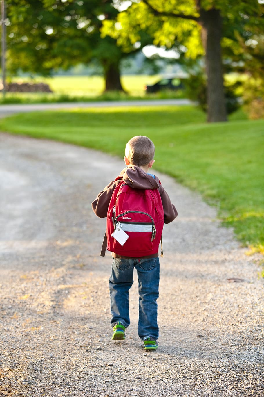 Junge, braun, Kapuzenpullover, Tragen, rot, Rucksack, Gehen, Schotterstraße, hoch, Bäume, Rückansicht, Kind, Kindheit, Tageslicht, Bildung, elementar, Gras, Lebensstil, Park, Person, Straße, Schule, Student, jung, Jugend, in voller Länge, eine Person, Legere Kleidung, echte Menschen, Freizeitbeschäftigung, Männer, Jungs, Pflanze, Fußweg, Lebensstile, Natur, Tag, Baum, draußen, Jeans, 5K