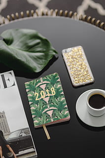 top, view, black, table, 2018 calendar agenda, food and drink, indoors, still life, food, high angle view, no people, cup, plant, close-up, leaf, plant part, mug, freshness, coffee cup, green color, nature, coffee, drink, container, herb, crockery, 5K, CC0, public domain, royalty free