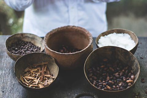 five, brown, bowls, table, aromatic, containers, rustic, food and drink, food, freshness, close-up, one person, day, focus on foreground, midsection, preparation, kitchen utensil, bowl, container, outdoors, variation, wellbeing, high angle view, choice, spoon, preparing food, 5K, CC0, public domain, royalty free
