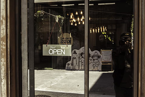 cafe, reflection, window, text, communication, entrance, door, transparent, western script, store, glass - material, sign, no people, architecture, built structure, building exterior, open, retail, business, store window, day, script, retail display, 5K, CC0, public domain, royalty free