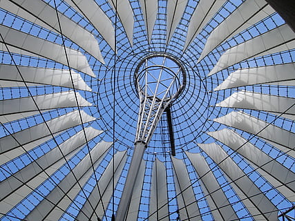 berlin, construction, architecture, keep, high, low angle view, built structure, pattern, geometric shape, no people, circle, shape, day, blue, ceiling, directly below, glass - material, building exterior, modern, full frame, design, dome, sunlight, sky, concentric, cupola, 2K, CC0, public domain, royalty free