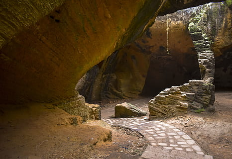 cave, nature, flagstone, path, walkway, pavement, sidewalk, road, gravel, dirt road, shoreline, cove, ocean, water, outdoors, coast, sea, crypt, hole, slate, rock, solid, rock - object, rock formation, architecture, no people, day, direction, the way forward, history, travel destinations, the past, travel, physical geography, sunlight, geology, tranquility, ancient civilization, 4K, CC0, public domain, royalty free