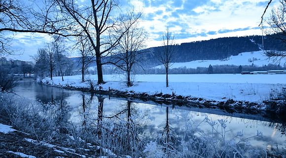 fiume, alberi, acqua, riflessione, inverno, paesaggio, natura, freddo, val de travers, neuchatel, Svizzera, albero, pianta, lago, bellezza nella natura, la tranquillità, scenics - natura, scena tranquilla, temperatura fredda, albero nudo, nessuno, nuvola - cielo, cielo, la neve, scena non urbana, all'aperto, montagna innevata, 5K, CC0, dominio pubblico, privo di copyright