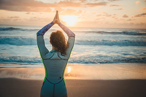 woman, wearing, swimwear, shore, back view, beach, blur, clouds, depth of field, female, focus, horizon, lady, leisure, ocean, person, pose, posing, posture, relaxation, saltwater, sand, sea, shoreline, sky, summer, sun, sunrise, sunset, swimsuit, vacation, waves, water, lifestyles, horizon over water, land, human arm, leisure activity, arms raised, real people, beauty in nature, sport, exercising, one person, healthy lifestyle, nature, hairstyle, 4K, CC0, public domain, royalty free