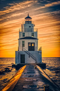 Leuchtturm, umgeben, Karosserie, Wasser, golden, Stunde, Himmel, Wolke, See, Rock, Vogel, Orange, Blau, bunt, draussen, Horizont, Sonnenuntergang, Vignette, Ziel, Wisconsin, Sperrbildschirm, Android Wallpaper, iPhone Hintergrundbild, Abendhimmel, Meer, die Architektur, gebaute Struktur, Gebäudehülle, wolke - himmel, Horizont über Wasser, orange Farbe, Natur, Gebäude, Richtung, Turm, Schönheit in der Natur, Beratung, keine Leute, draußen, 5K, CC0, gemeinfrei, lizenzfrei