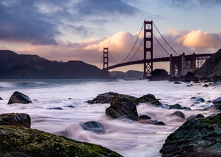 puente de san francisco, California, bahía, costero, amanecer, Puente de puerta de oro, playa de marshall, Oceano, rocas, San Francisco, mar, costa, apuntalar, agua, puente, puente - estructura hecha por el hombre, cielo, conexión, nube - cielo, puente colgante, rock, roca - objeto, sólido, estructura construida, transporte, naturaleza, belleza en la naturaleza, destinos de viaje, puesta de sol, arquitectura, paisajes - naturaleza, nadie, al aire libre, 5K, CC0, dominio público, libre de derechos