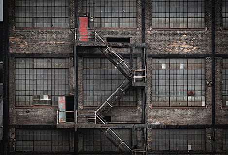 architecture, building, infrastructure, structure, establishment, apartment, windows, old, bricks, ghetto, built structure, staircase, building exterior, metal, no people, steps and staircases, fire escape, safety, day, accidents and disasters, railing, brick, window, outdoors, low angle view, industry, brick wall, wall, ladder, 5K, CC0, public domain, royalty free