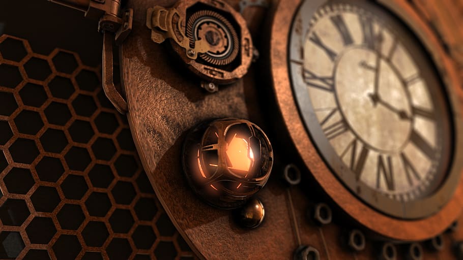steampunk, rellotge, temps, fantasia, fons, antiguitat, metall, retro, màquina, moviment, tecnologia, indústria, invenció, disseny, engranatges, vell, a l'interior, cap gent, primer pla, estil retro, nombre, patró, material de fusta, història, cercle, forma geomètrica, natura morta, enfocament selectiu, el passat, ornamentat, Minuta, 4K