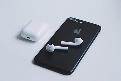 iphone + airpods, technology, mobile, phone, tech, studio shot, smart phone, indoors, wireless technology, white background, mobile phone, communication, no people, simplicity, portable information device, cut out, connection, high angle view, two objects, white color, colored background, close-up, healthcare and medicine, still life, blue background, electrical equipment, 4K, CC0, public domain, royalty free