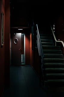 lukket rød dør, dør, gelænder, gulve, etage, indretning, trappe, korridor, lys, uhyggelige, trin, mørk, rædsel, åben dør, indendørs, belysning, krypt, træ, arkitektur, trapper og trapper, rækværk, bygget struktur, belyst, indgang, retning, vejen frem, ingen mennesker, bygning, fravær, tom, belysningsudstyr, nat, exit tegn, lys - naturligt fænomen, 5K, CC0, offentligt domæne, royaltyfrie