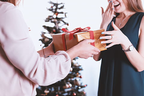 happy, surprised, woman, receiving, gift., merry, christmas, women, adult, celebration, two people, holding, midsection, young adult, standing, indoors, young women, people, giving, emotion, event, togetherness, females, focus on foreground, side view, consumerism, 5K, CC0, public domain, royalty free