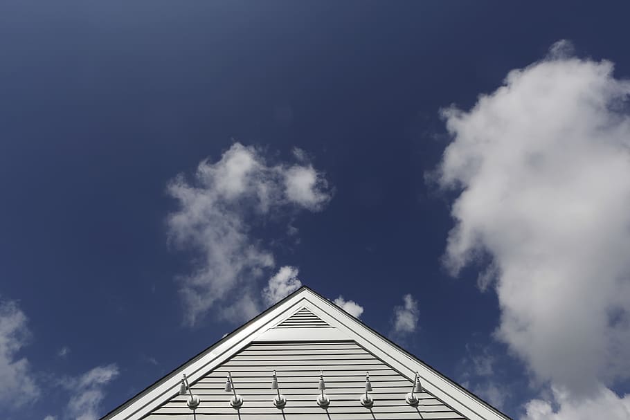 blue, sky, clouds, roof, lights, siding, cloud - sky, built structure, architecture, building exterior, low angle view, day, nature, building, no people, outdoors, sunlight, high section, triangle shape, house, belief, religion, shape, directly below, 5K