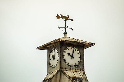 tower, clock, wind indicator, architecture, bournemouth, england, time, built structure, weather vane, no people, low angle view, building exterior, sky, clear sky, nature, copy space, animal representation, bird, day, direction, outdoors, animal themes, guidance, roof, clock face, minute hand, 5K, CC0, public domain, royalty free